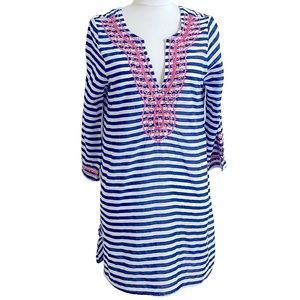 MUD PIE Womens Blue and White Striped Cotton Embroidered Swim Coverup Medium